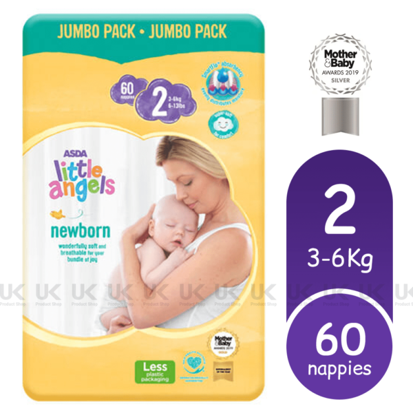 ASDA Little Angels Newborn Size 2 Nappies Jumbo 60pk 3-6kg